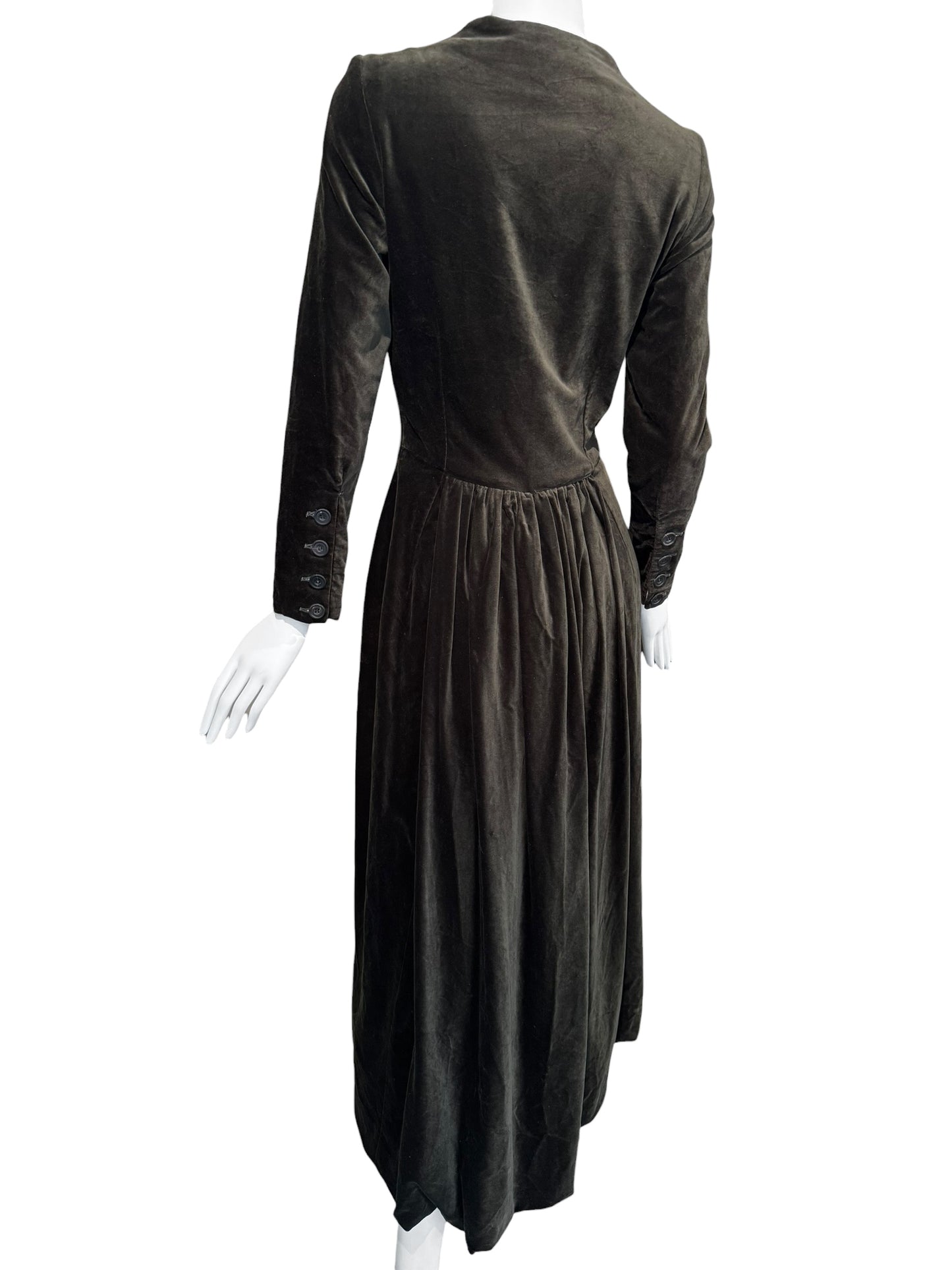PAUL HARNDEN SHOEMAKERS 2000s DARK OLIVE VELVET MAXI ASYMMETRIC BUTTON MAXI DRESS