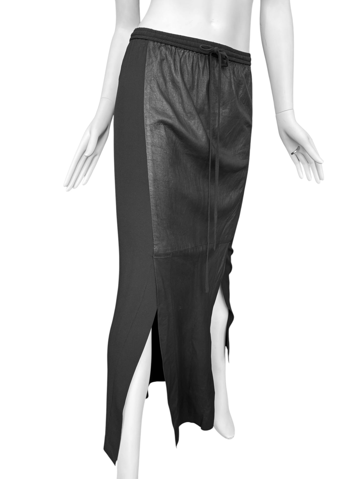ILARIA NISTRI 2010s BLACK LEATHER & SILK MAXI SKIRT