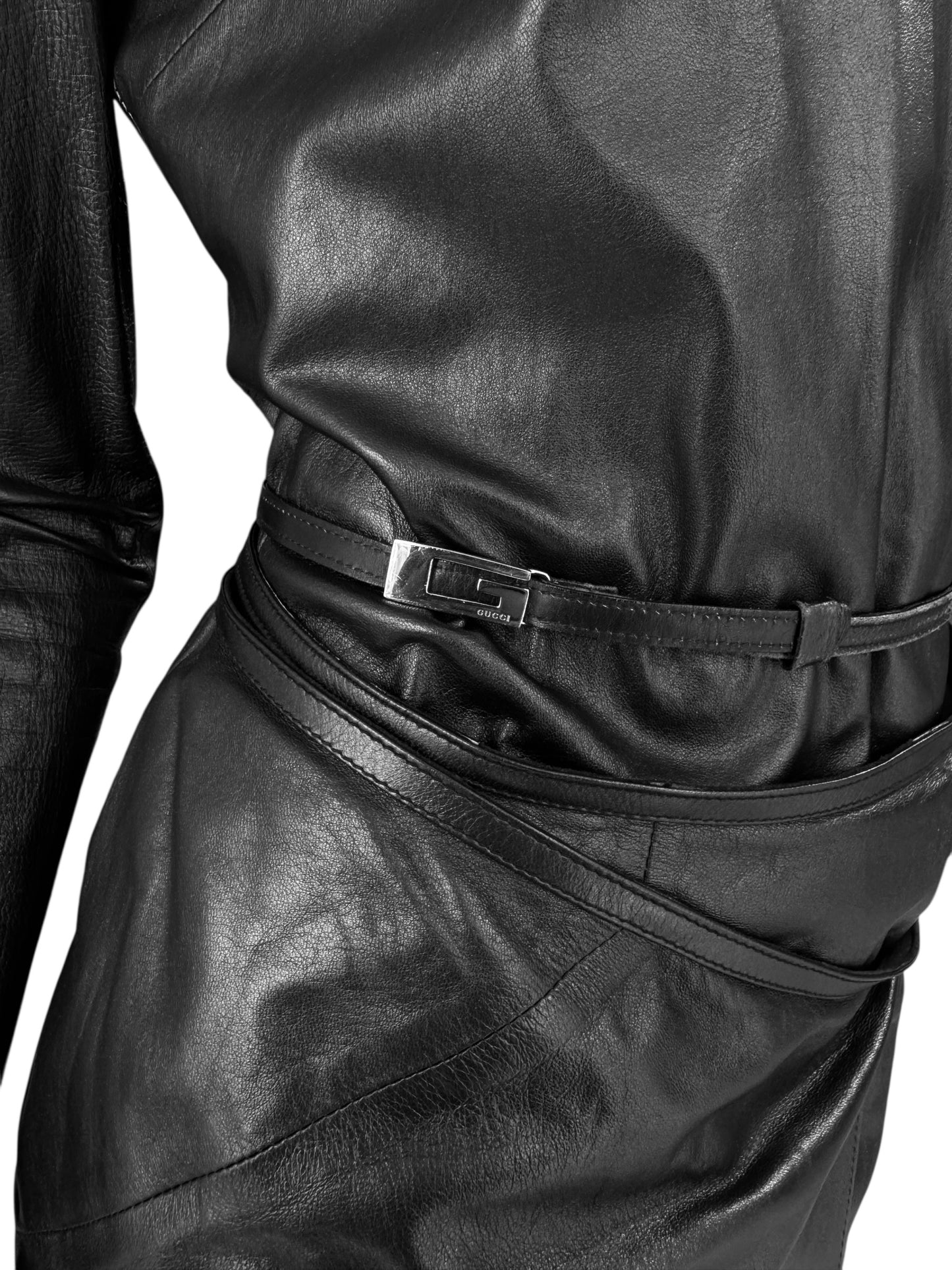 GUCCI FW1997 BY TOM FORD BLACK LEATHER WRAPPABLE MIDI DRESS