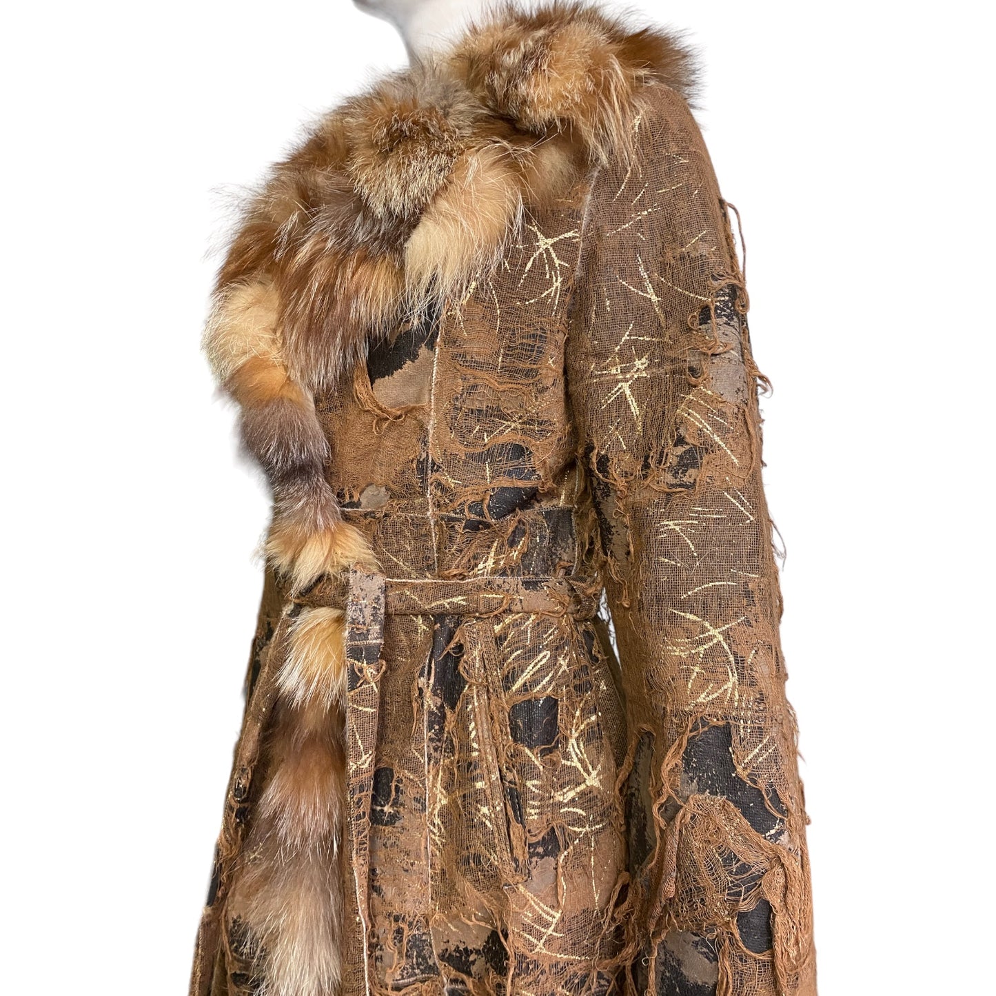 AMORETTI 2000s BROWN FOX FUR & GOLD LEAVES DISTRESSED COAT