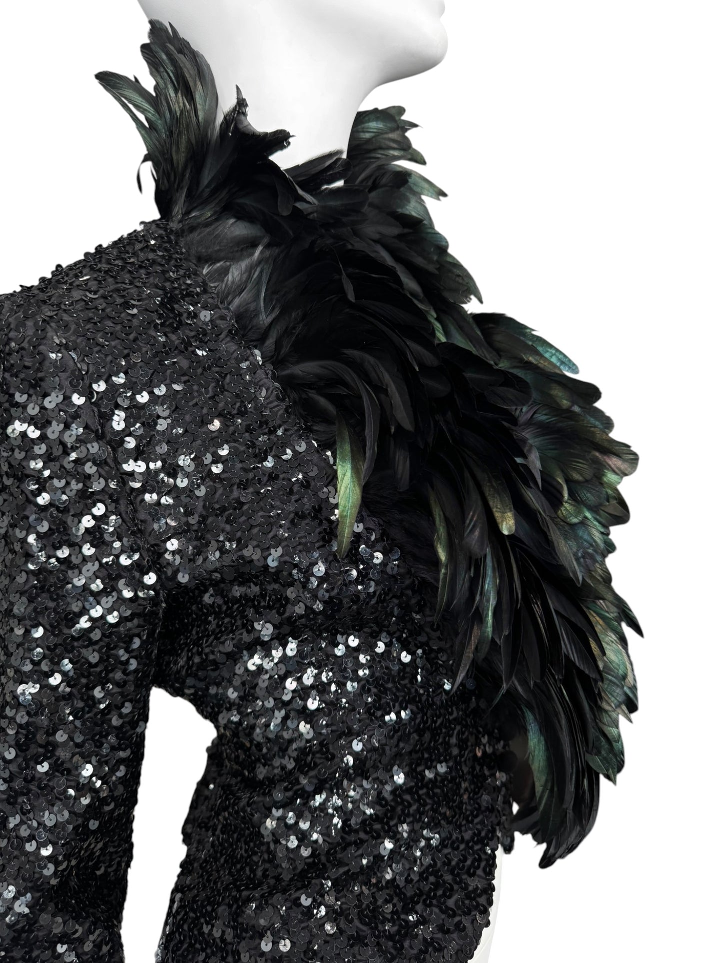 JEAN VARON 1960s BLACK SEQUINS & ROOSTER FEATHERS COLLAR JACKET
