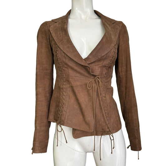 PLEIN SUD FW2002 BROWN DISTRESS LEATHER LACED JACKET