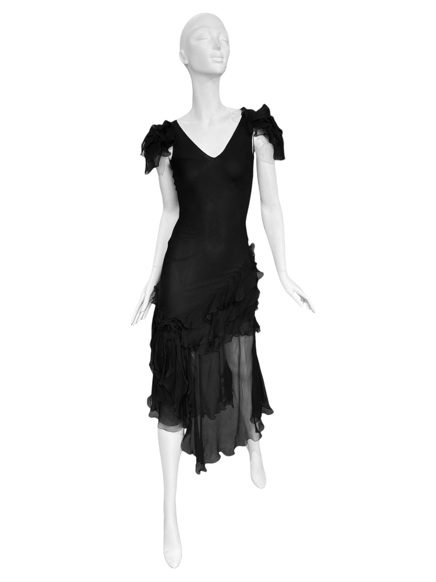 JOHN GALLIANO FW2004 BLACK SILK RUFFLES MAXI DRESS