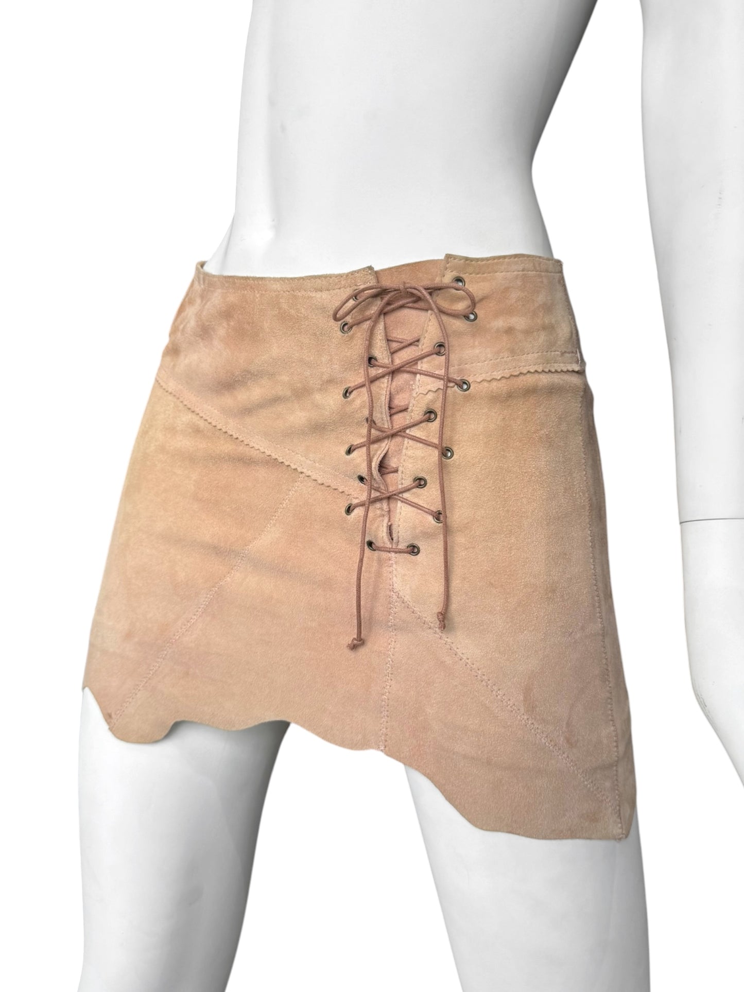 PLEIN SUD JEANS SS2003 BEIGE SUEDE LEATHER LACE-UP MINI SKIRT