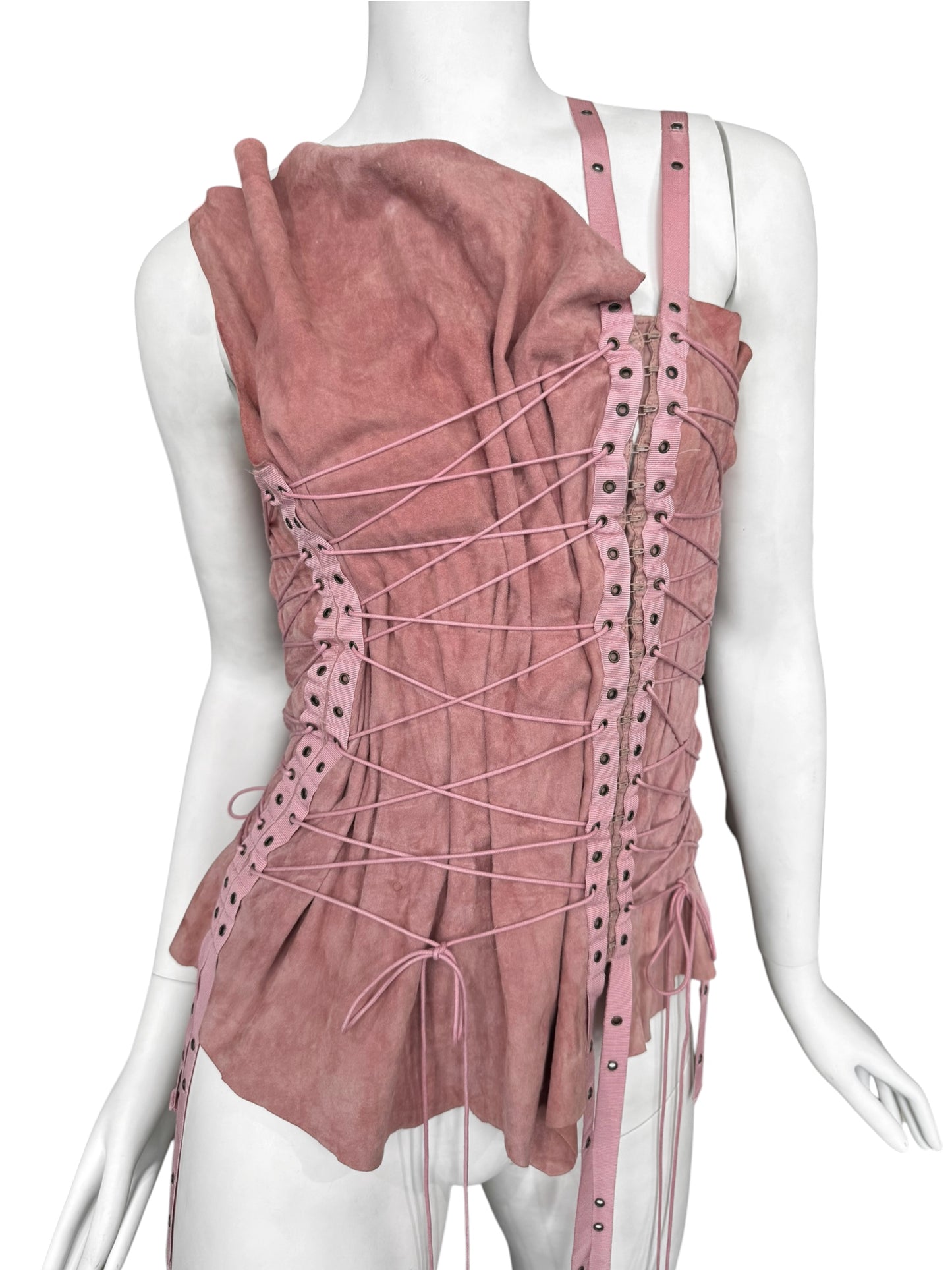 PLEIN SUD SS2003 PINK LEATHER LACE-UP BONDAGE TANK TOP