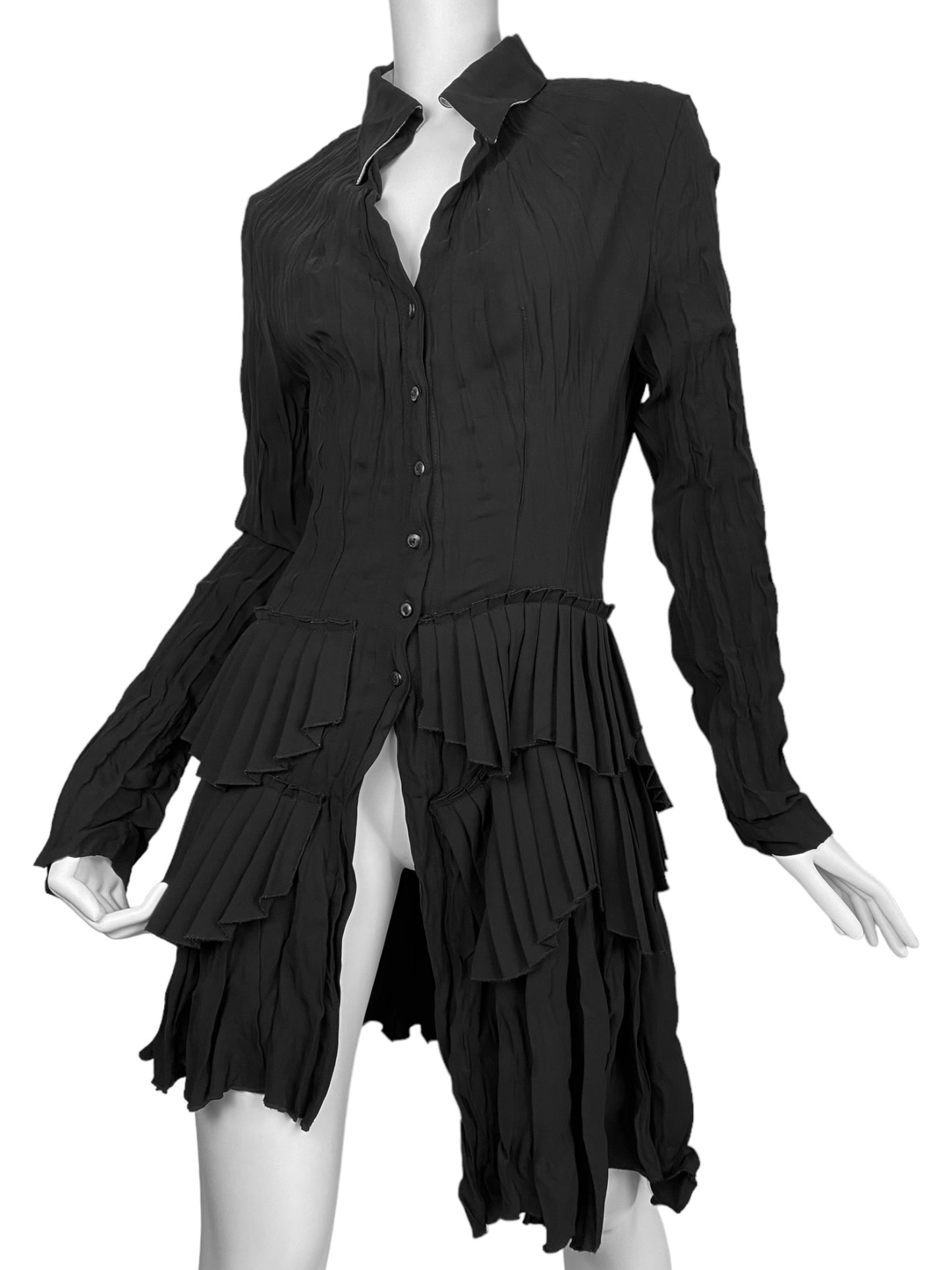 LEIKO 2000s BLACK ASYMMETRICAL PLEATED LONG SHIRT