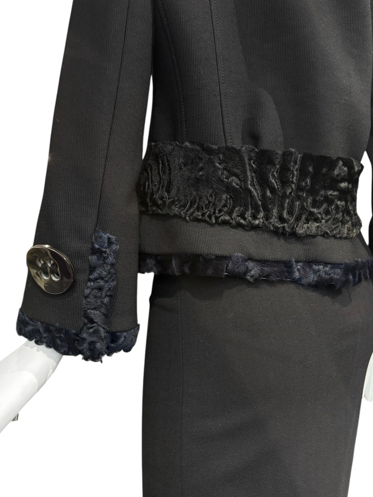 DOLCE & GABBANA FW2005 BLACK WOOL ASTRAKAN FUR TRIM BUTTONS SKIRT SUIT