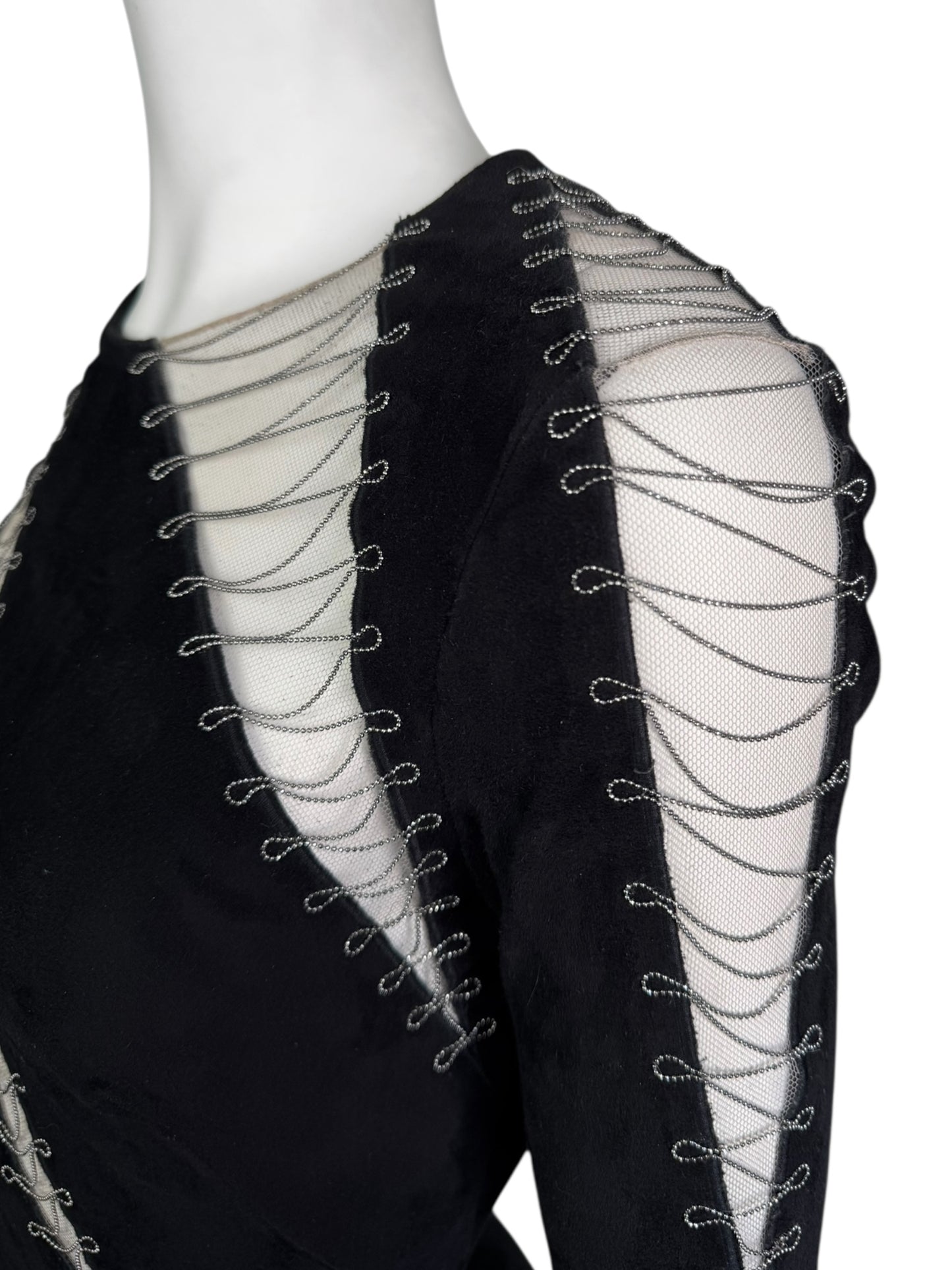 JITROIS 2000s BLACK SUEDE LEATHER TULLE CUT OUT MINI DRESS