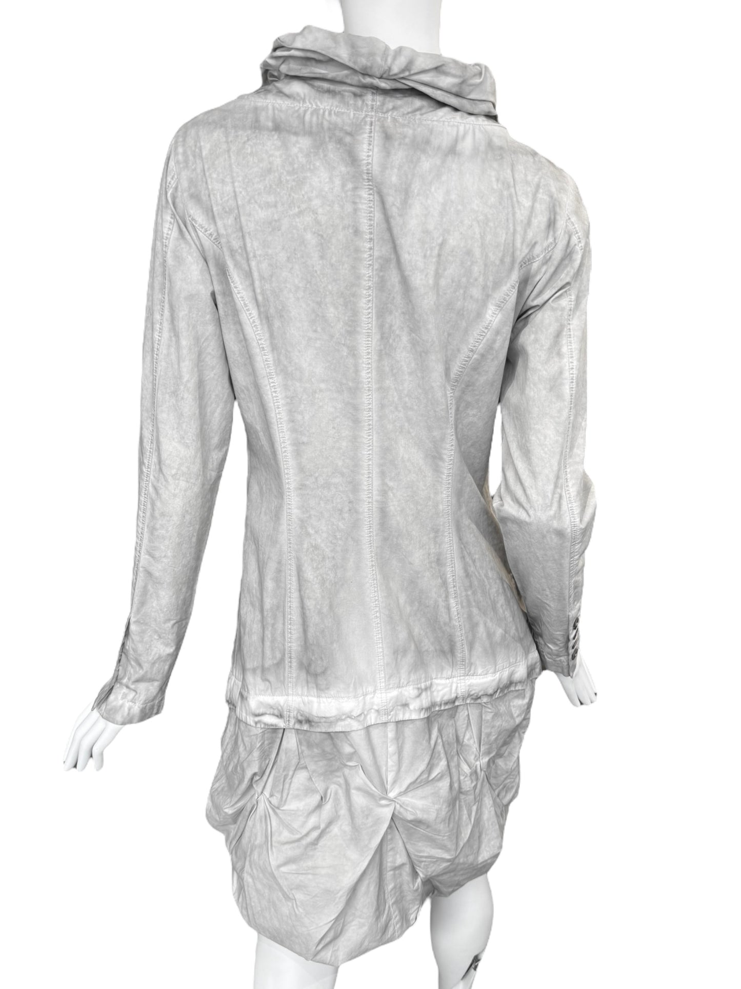 Y’S YOHJI YAMAMOTO 2000s GREY RUSHED DRAPED HEM LIGHTWEIGHT COAT