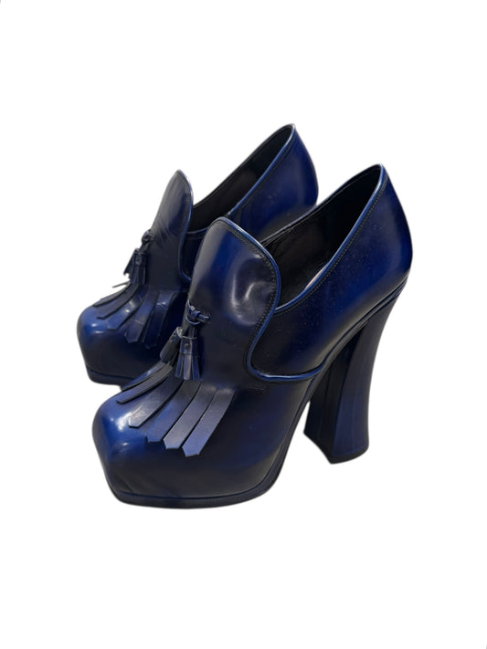 MIU MIU FW2012 BLUE LEATHER PLATFORM LOAFER HEELS