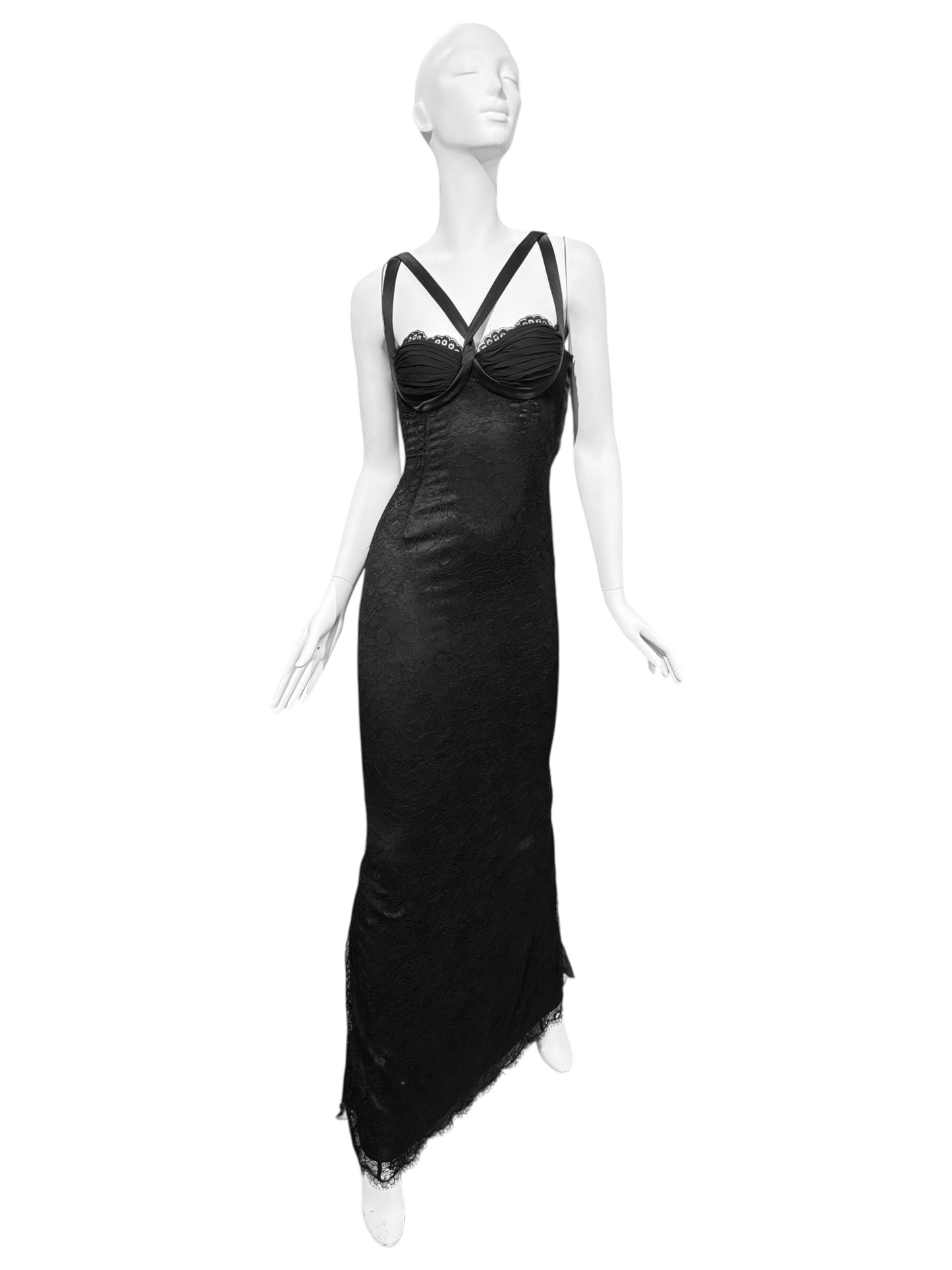 DOLCE & GABBANA FW2017 BLACK LACE & SILK DOUBLE STRAP MAXI DRESS
