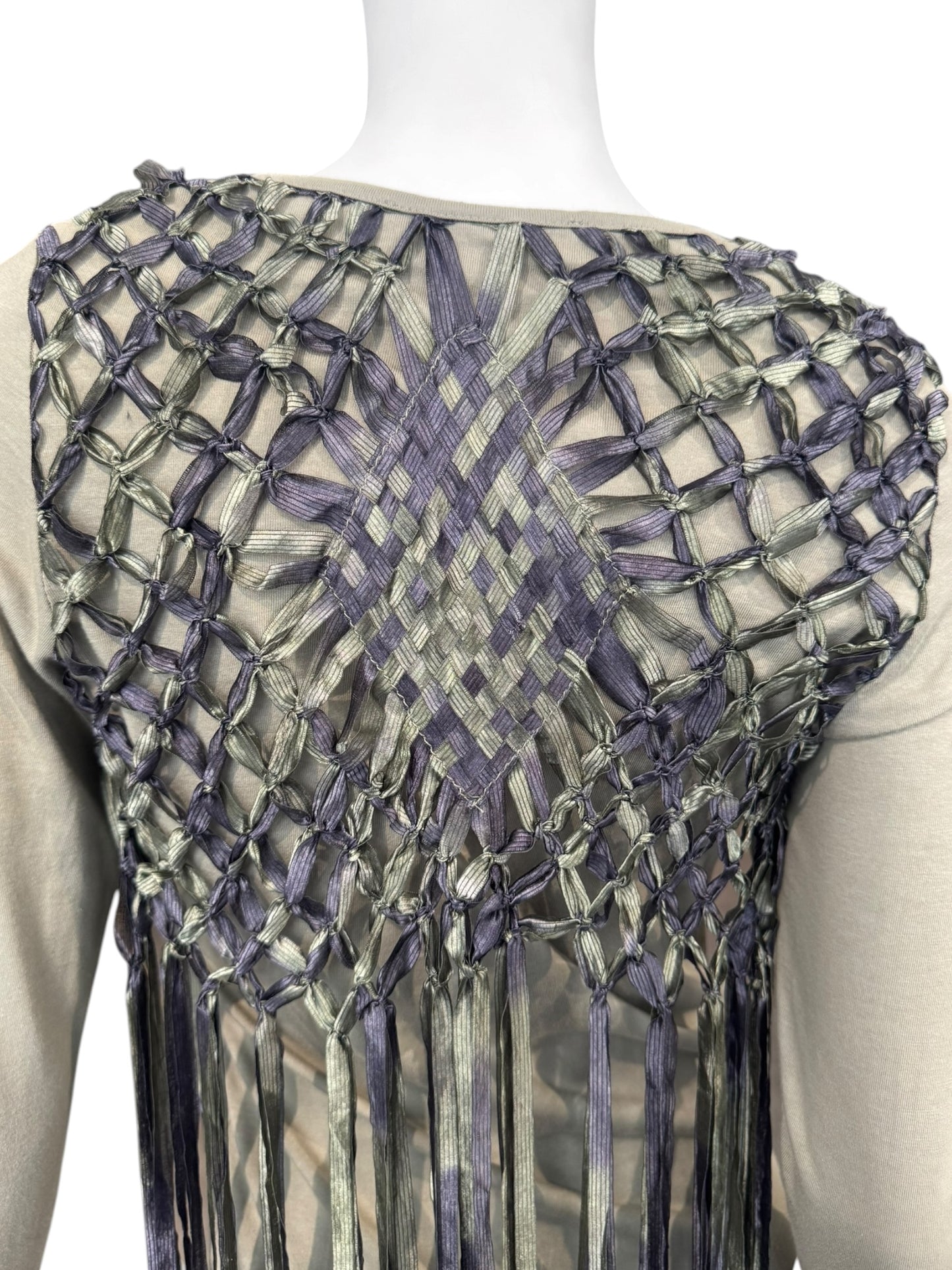 DIOR SS2003 BY JOHN GALLIANO KAKI COTTON & SILK KNOTTED FRINGE CARDIGAN