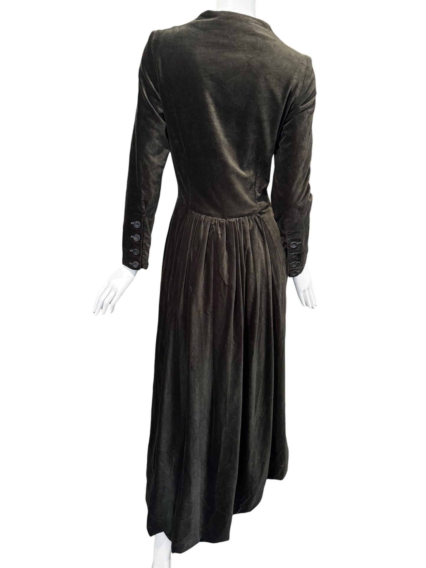 PAUL HARNDEN SHOEMAKERS 2000s DARK OLIVE VELVET MAXI ASYMMETRIC BUTTON MAXI DRESS
