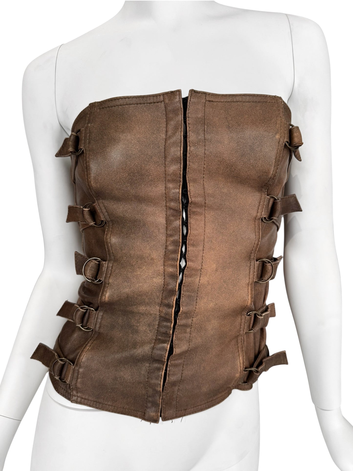 PLEIN SUD FW2001 BROWN LEATHER BONDAGE CORSET TOP