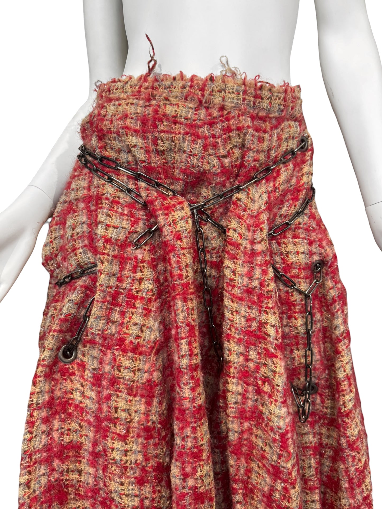 JUNYA WATANABE FW2003 RED WOOL DISTRESS TWEED CHAINS MAXI SKIRT