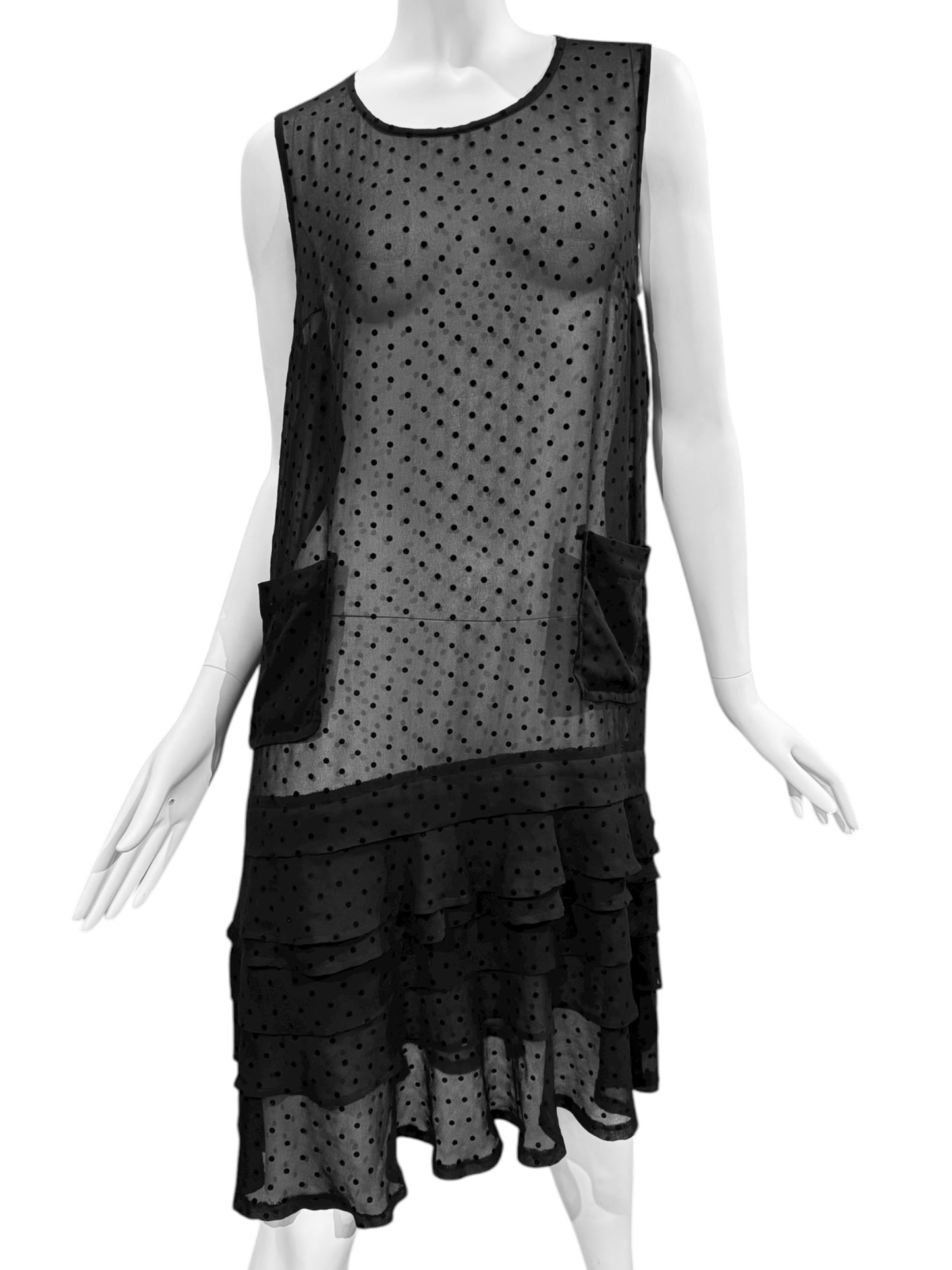 COMME DES GARÇONS TRICOT 2000s BLACK SHEER POLKA DOT RUFFLES HEM MIDI DRESS