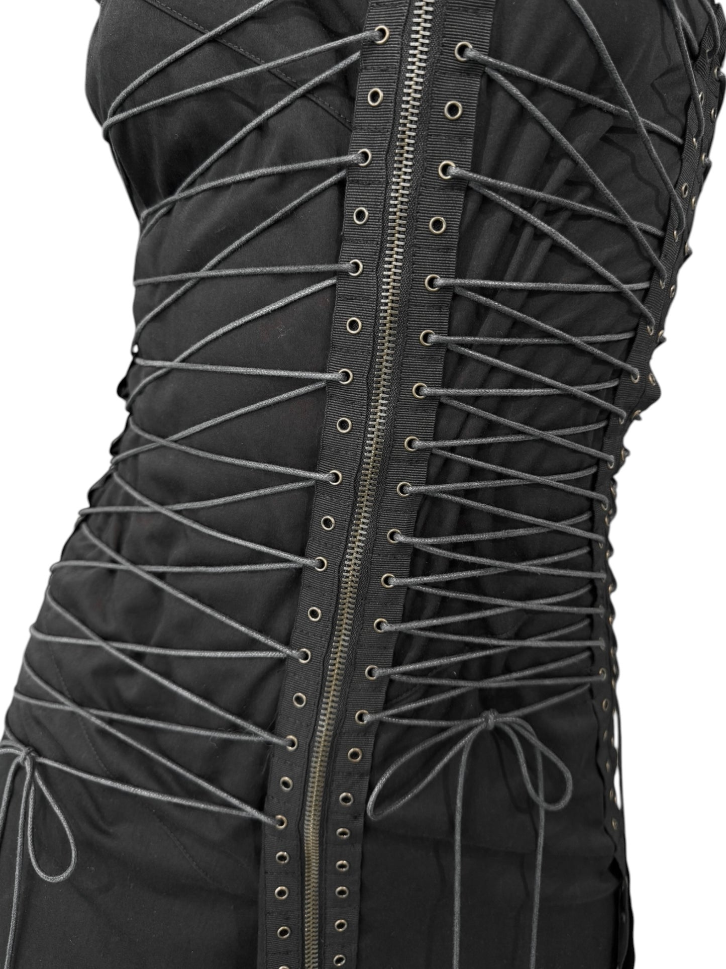 PLEIN SUD SS2003 BLACK LACE-UP BONDAGE MIDI DRESS