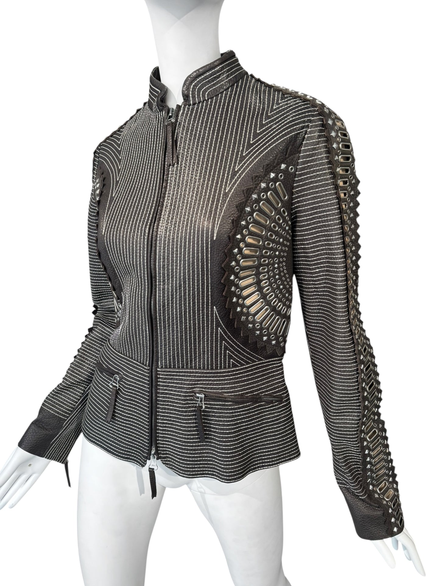 GIANFRANCO FERRE SS2004 DARK BROWN LEATHER GROMMET & STUD EMBELLISHED JACKET
