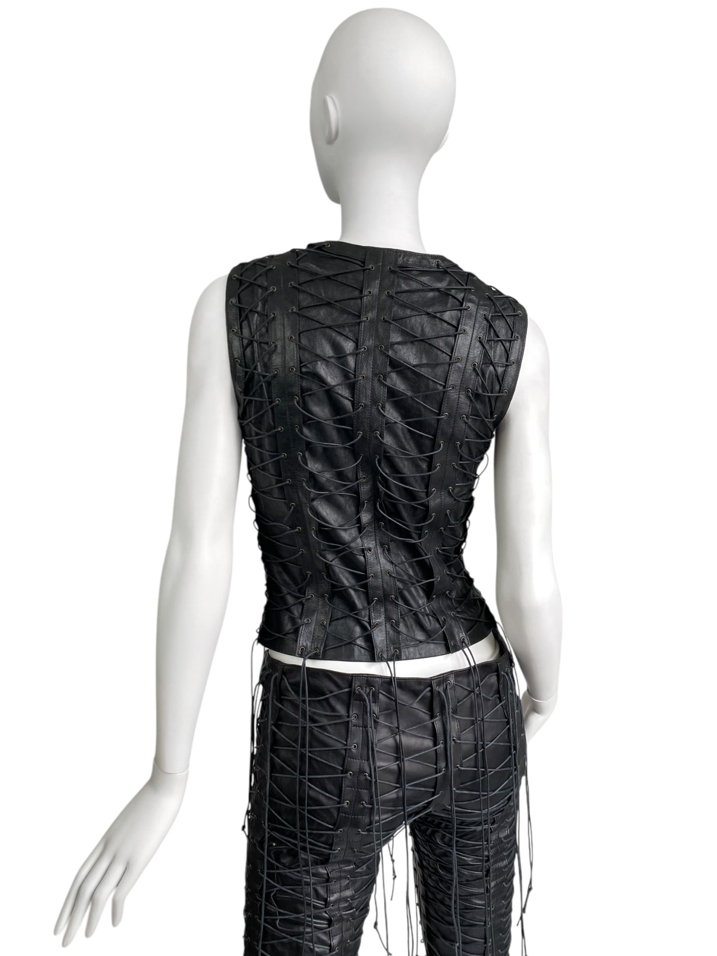 PLEIN SUD FW2002 BLACK LEATHER LACED-UP SLEEVELESS JACKET