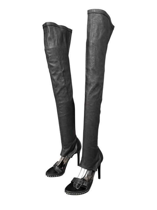 PLEIN SUD 2000s BLACK LEATHER STUDDED OPEN TOE THIGHBOOTS