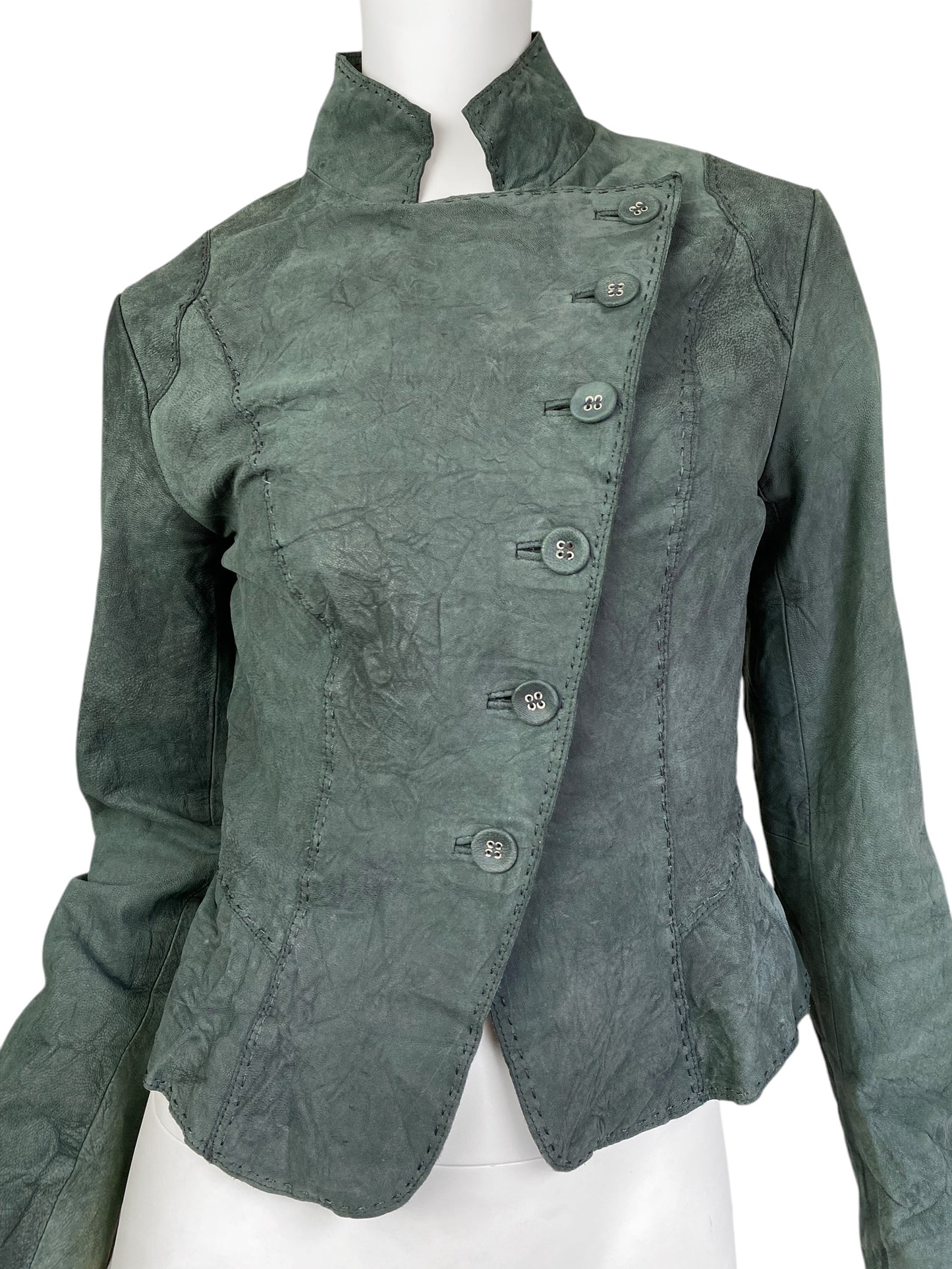 2000s GREYISH GREEN DISTRESS LEATHER CREASED ASYMMETRICAL JACKET