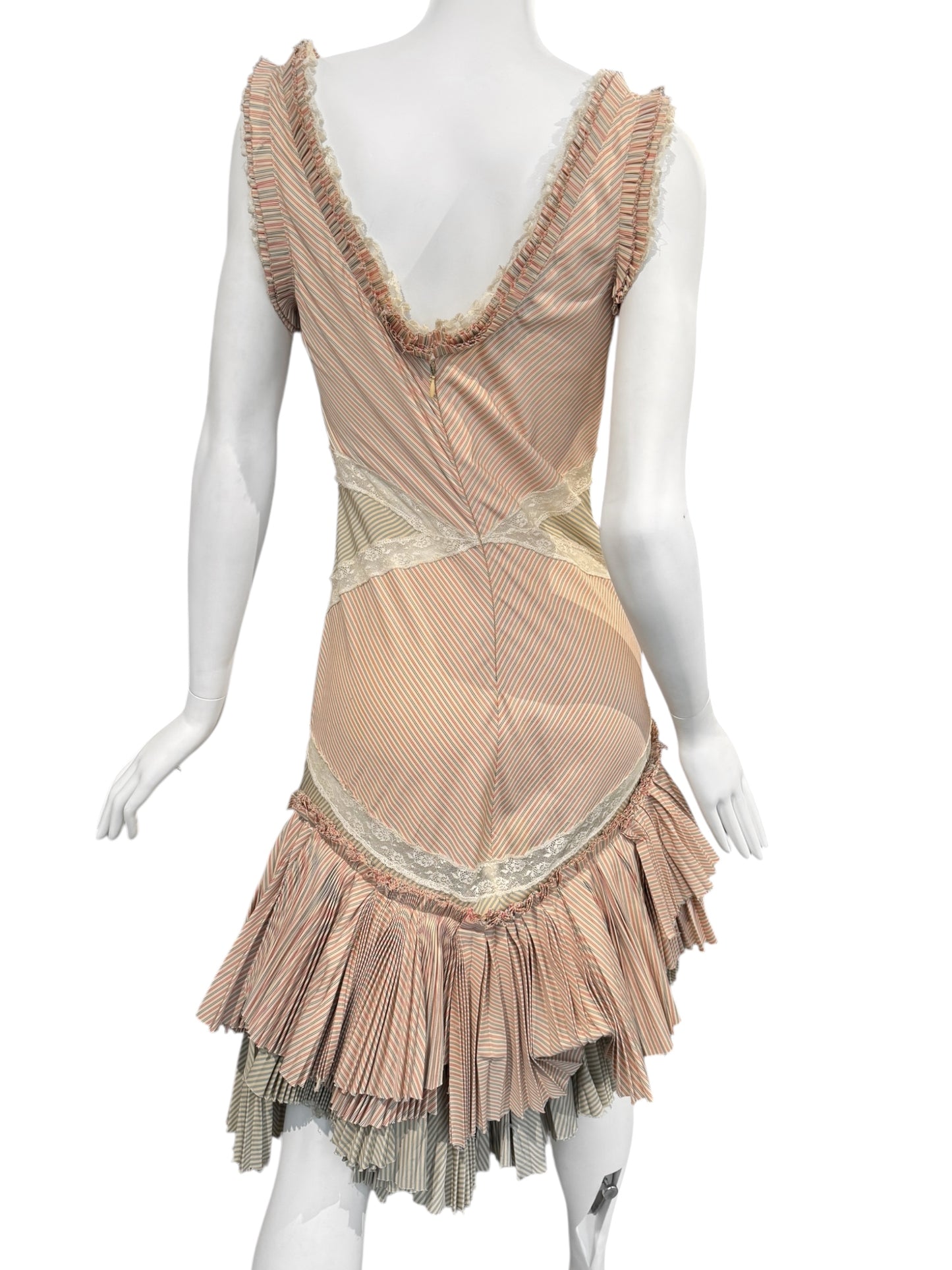 ALEXANDER MCQUEEN SS2005 «IT’S ONLY A GAME» PINK & GREEN STRIPED PLEATED MIDI DRESS