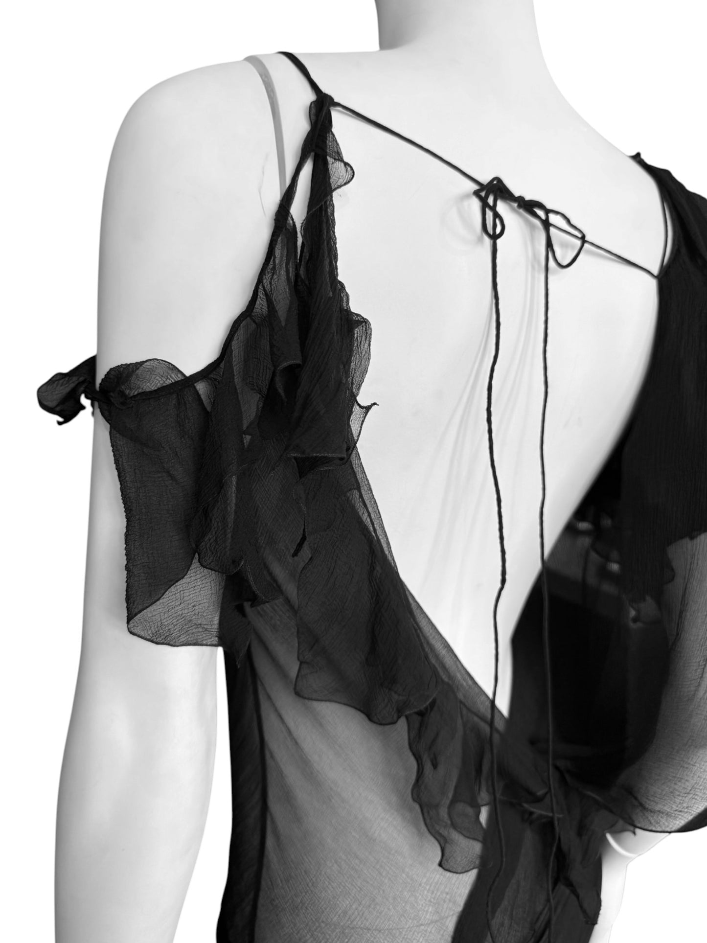 CHRISTIAN DIOR FW2006 BY JOHN GALLIANO BLACK SILK ASYMMETRICAL RUFFLES TRAIN MAXI DRESS