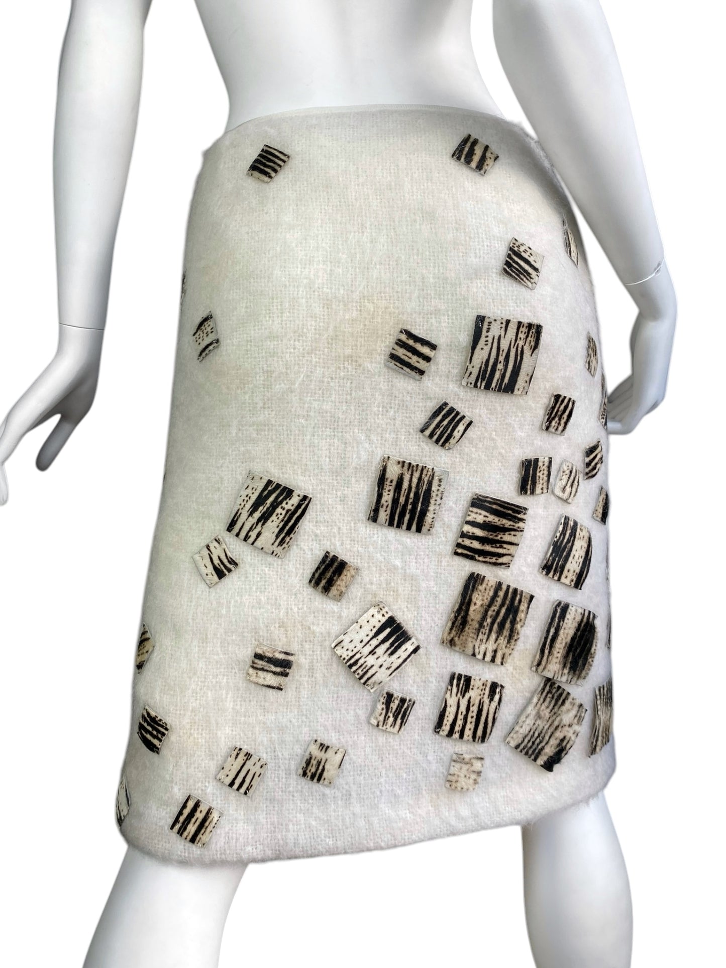 FENDI 1980s BY KARL LAGERFELD CREAM MOHAIR ZEBRA HAIRY LEATHER SQUARES MIDI SKIRT