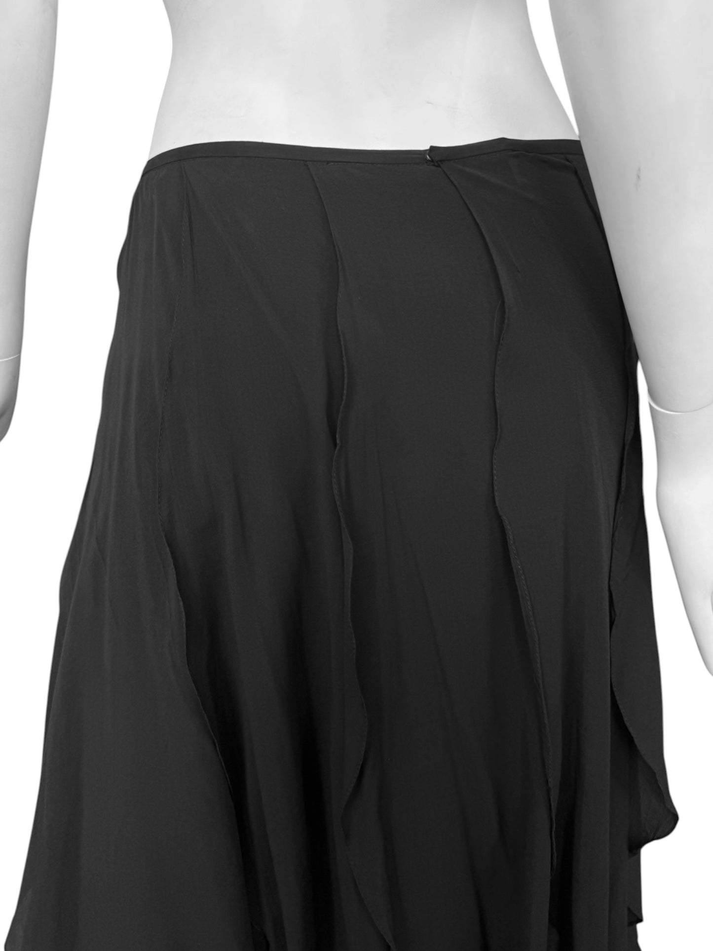 PLEIN SUD SS2000 BLACK SILK CASCADING RUFFLES MAXI SKIRT