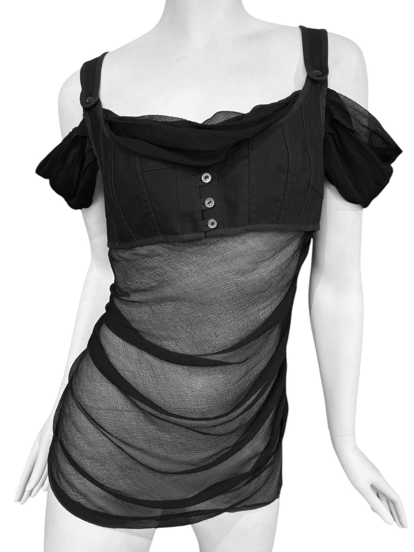 ALEXANDER MCQUEEN SS2005 «IT’S ONLY A GAME» BLACK SILK DRAPED CORSET TOP