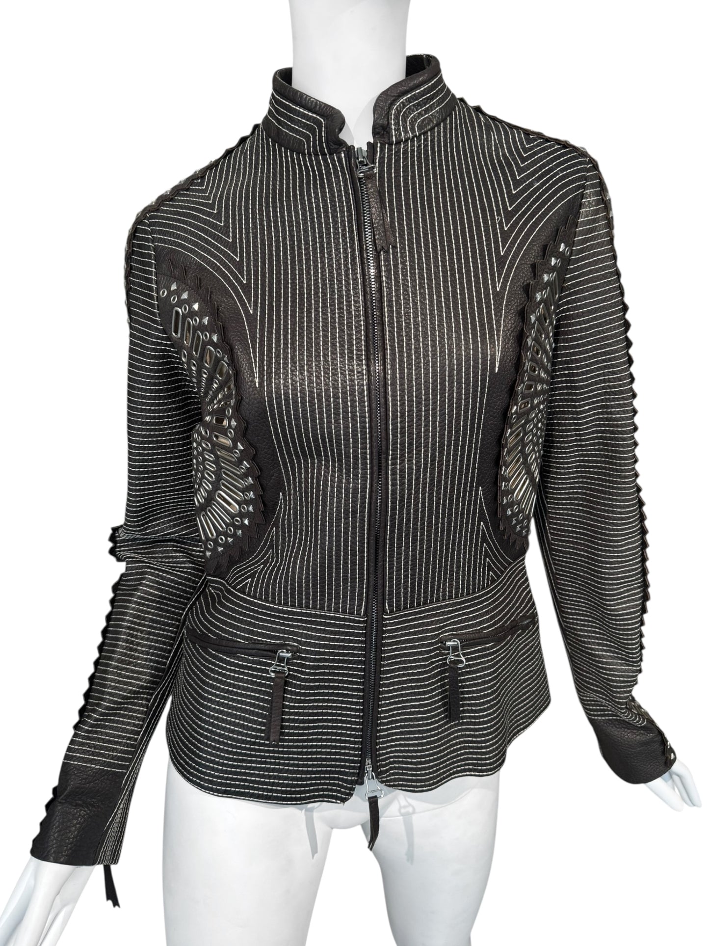 GIANFRANCO FERRE SS2004 DARK BROWN LEATHER GROMMET & STUD EMBELLISHED JACKET