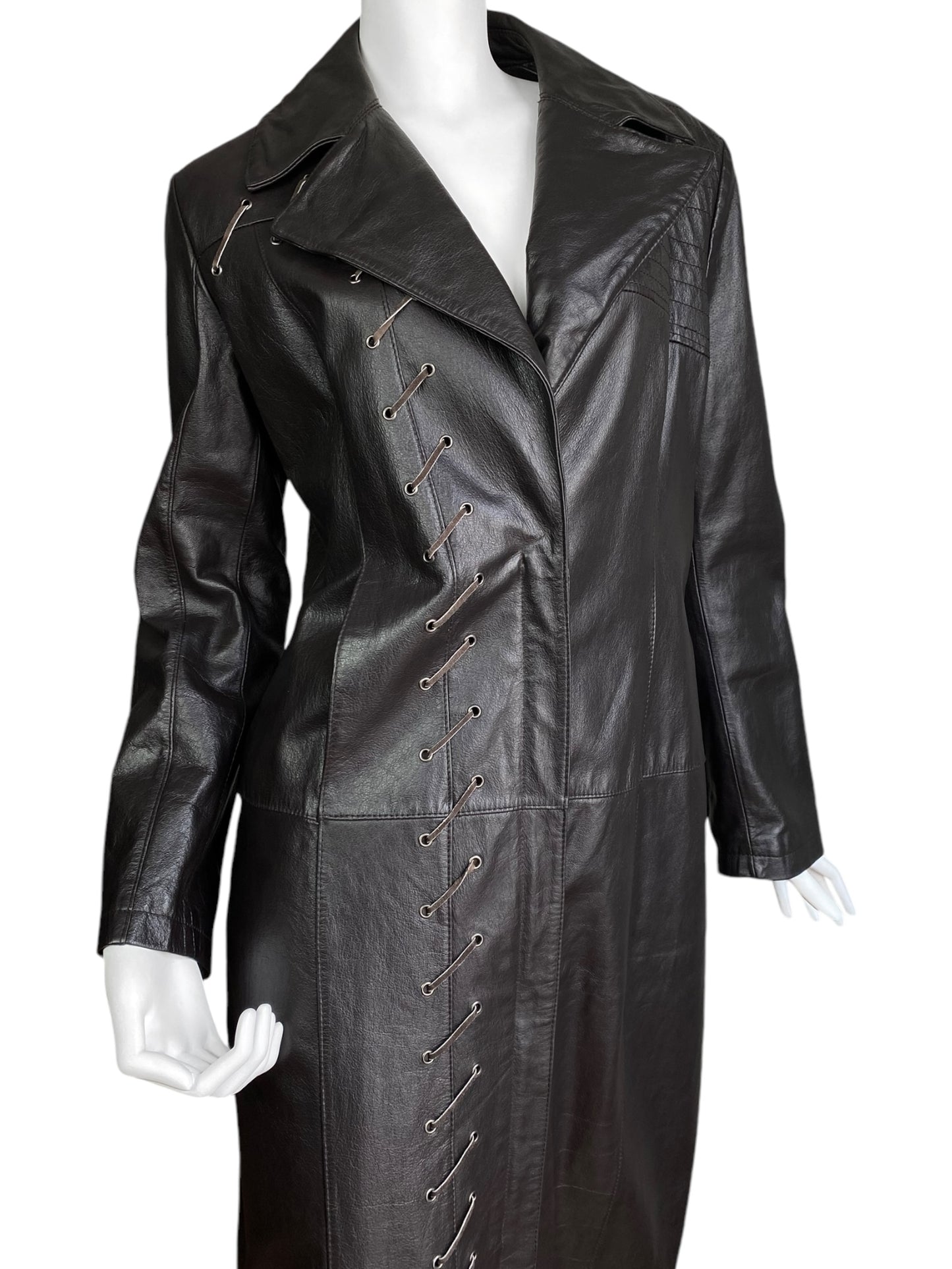 ZNJEANS 2000s DARK BROWN LEATHER LACED MAXI COAT