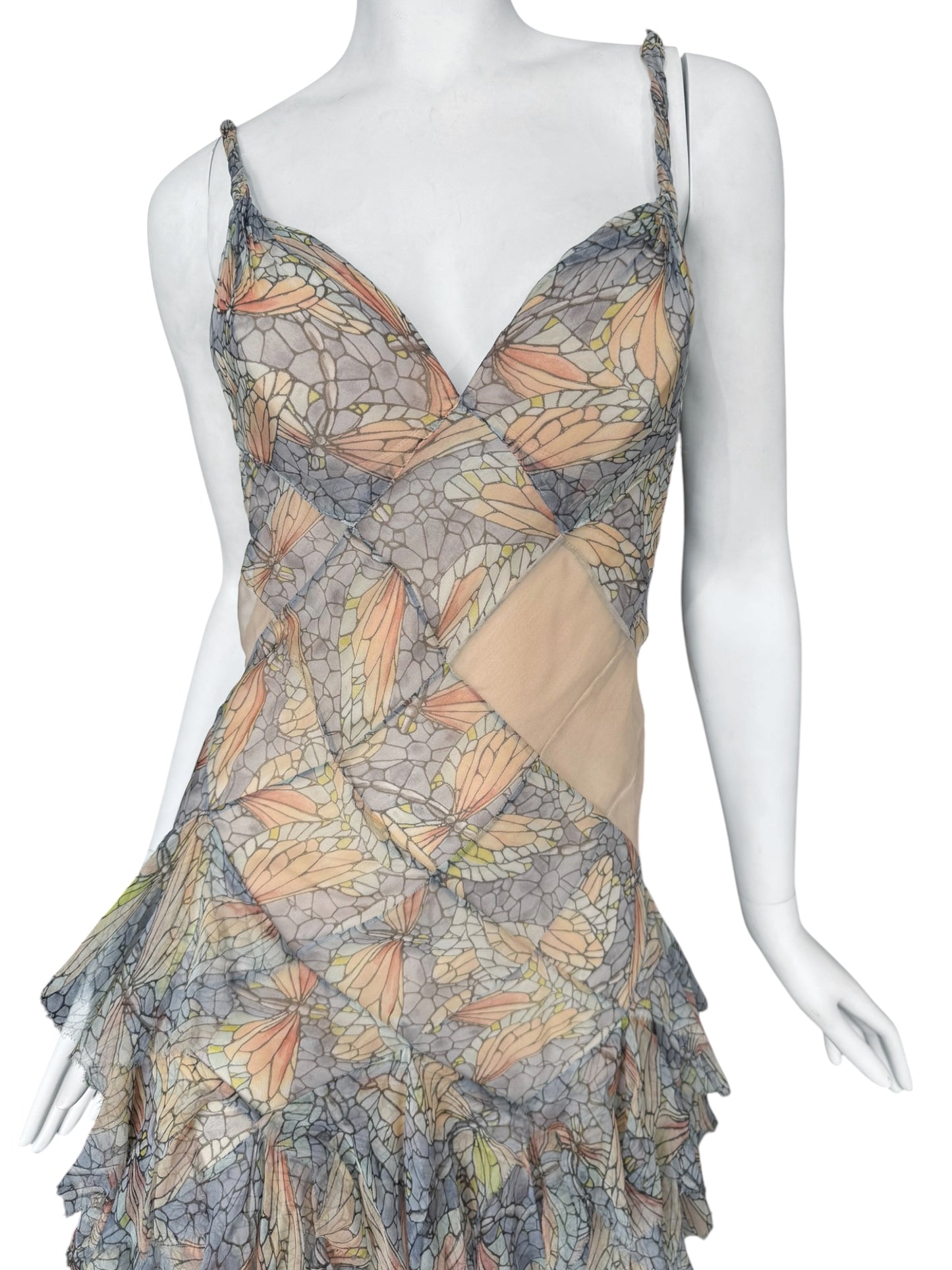 ALEXANDER MCQUEEN SS2004 ‘DELIVERANCE’ SILK STAINED GLASS BUTTERFLY PRINT RUFFLES MAXI DRESS