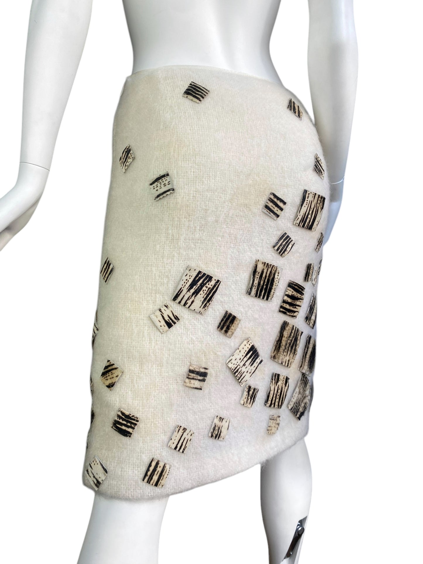 FENDI 1980s BY KARL LAGERFELD CREAM MOHAIR ZEBRA HAIRY LEATHER SQUARES MIDI SKIRT