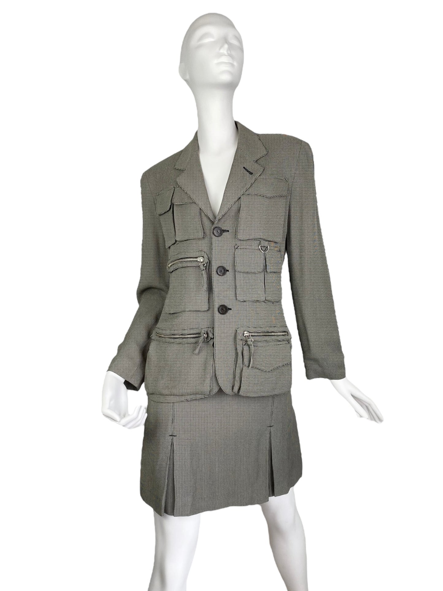 JEAN-PAUL GAULTIER 1980s LIGHT GREEN/GREY CHECKERED UTILITY POCKET SKIRT SUIT (BLAZER & SKIRT)