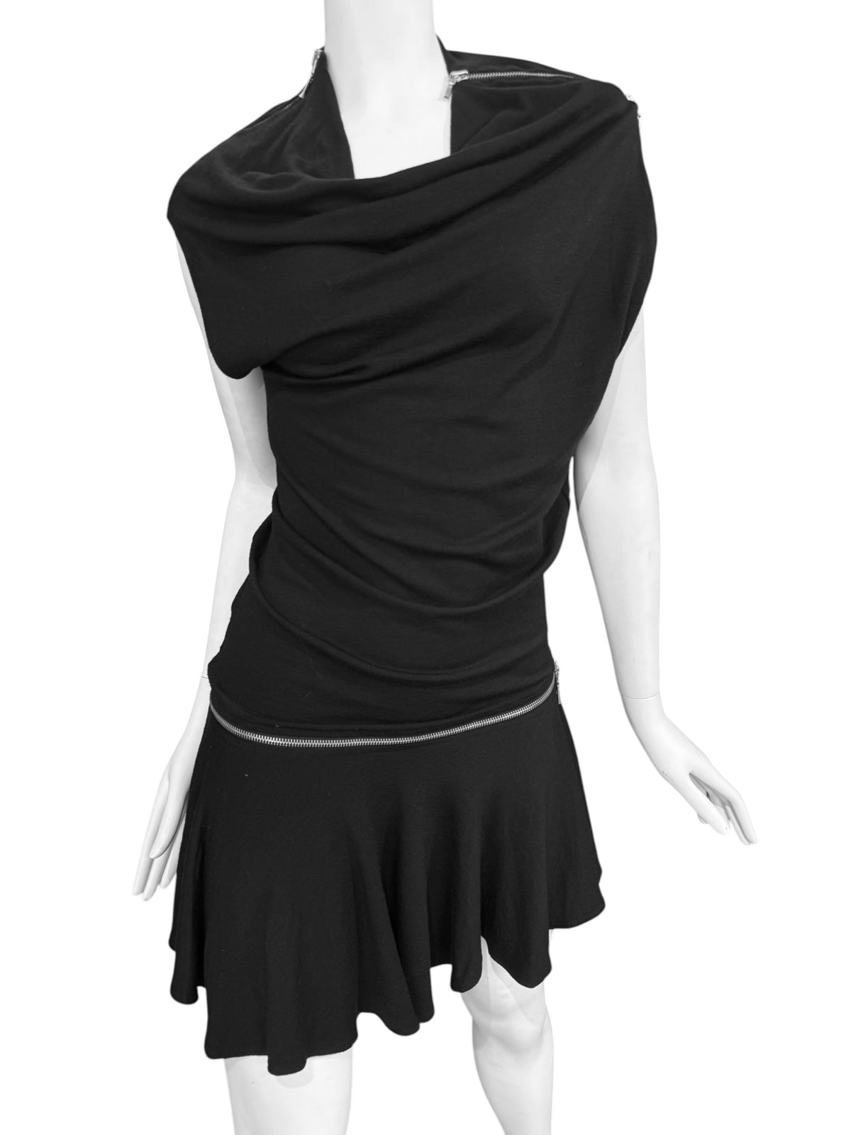 PLEIN SUD FW2003 BLACK ASYMMETRICAL ZIP MINI DRESS