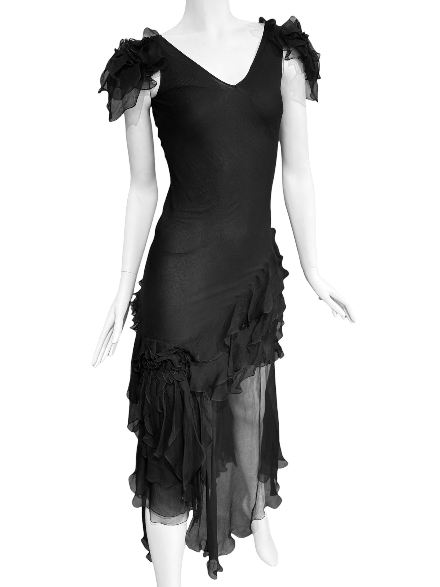 JOHN GALLIANO FW2004 BLACK SILK RUFFLES MAXI DRESS