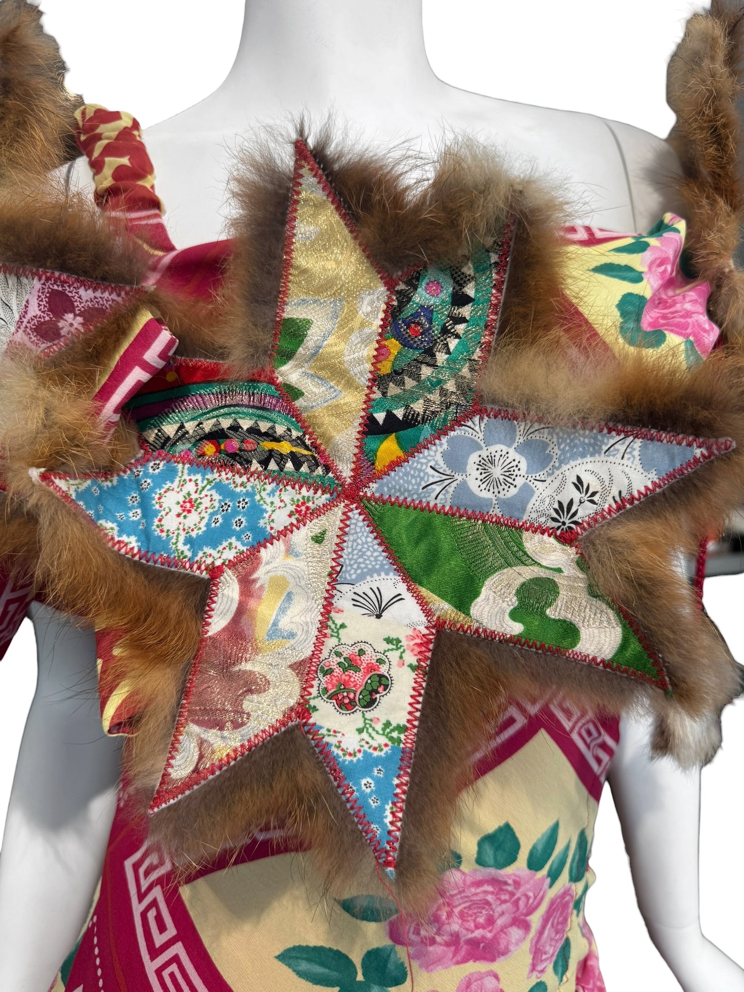 JOHN GALLIANO FW2002 PINK SILK & FUR FOLKLORIC FLORAL PRINT MIDI DRESS