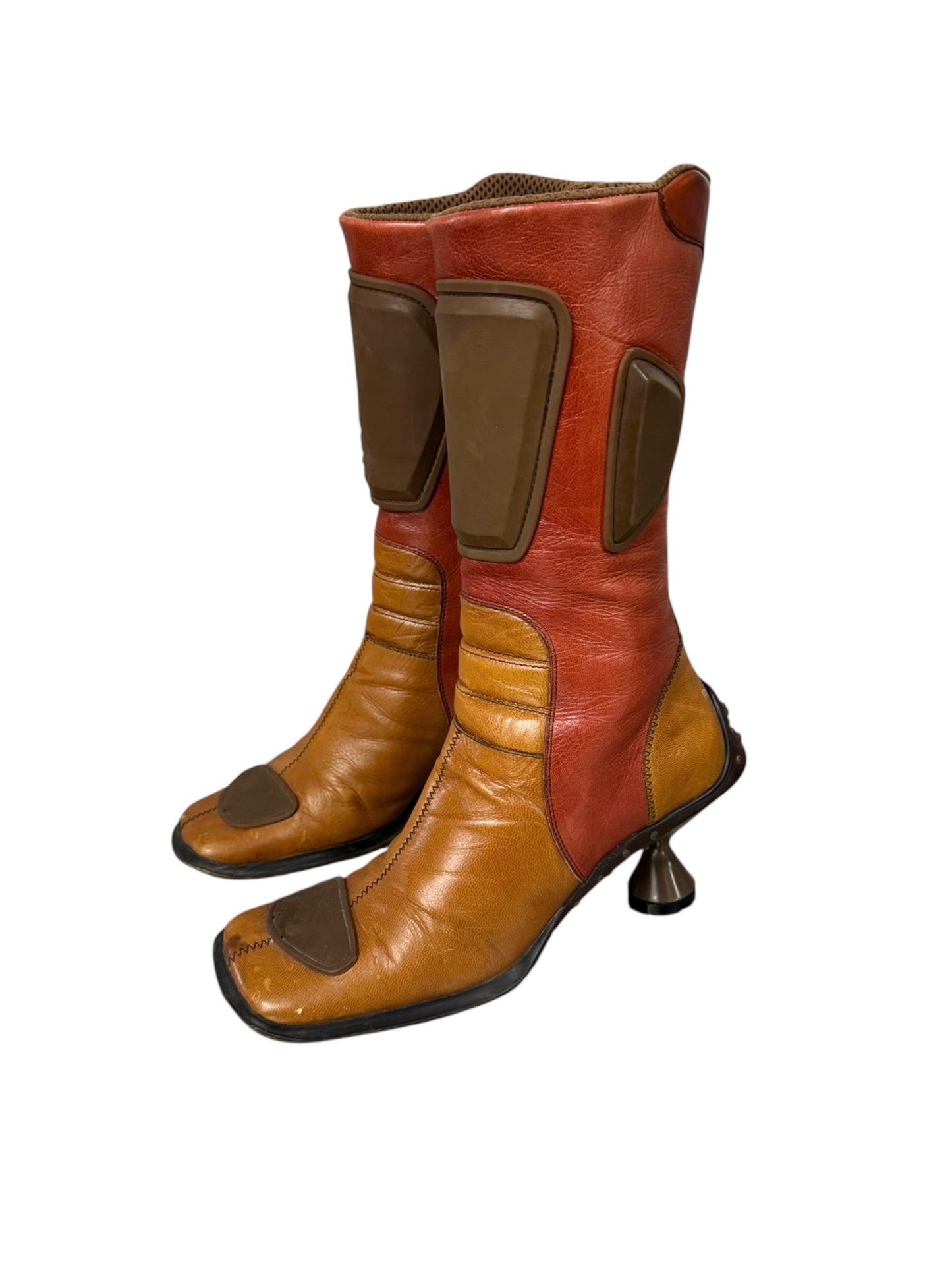 MIU MIU FW1999 ORANGE/RED/BROWN LEATHER BUBBLE SOLE BIKER BOOTS