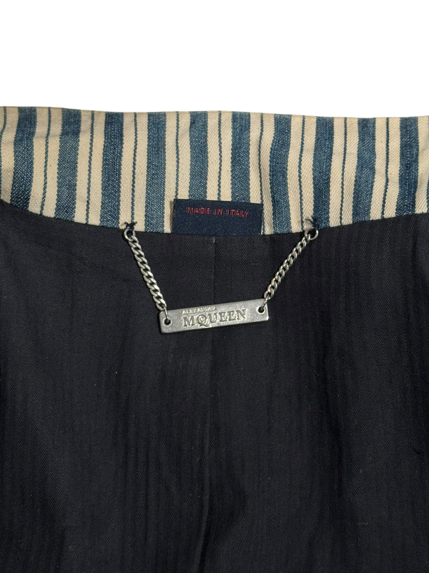 ALEXANDER MCQUEEN SS2005 «IT’S ONLY A GAME» OFF-WHITE & NAVY BLUE STRIPED NAPOLEON JACKET