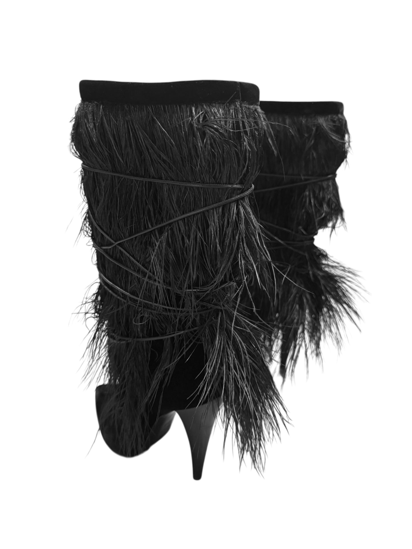 SAINT LAURENT SS2018 BY ANTHONY VACCARELLO BLACK VELVET & OSTRICH FEATHERS BOOTS