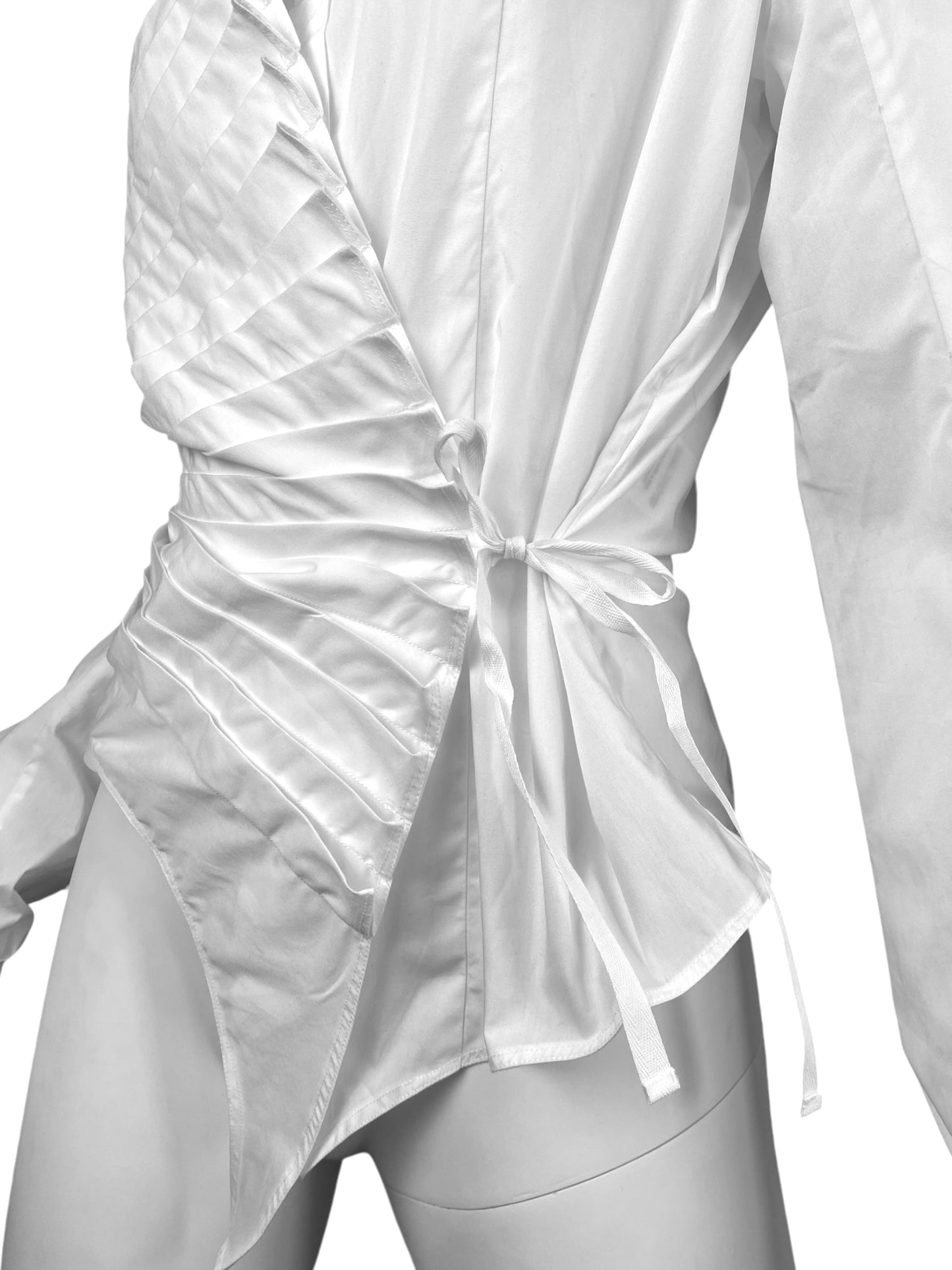 MARC LE BIHAN 2020s WHITE ASYMMETRICAL PLEATED TIE UP SHIRT