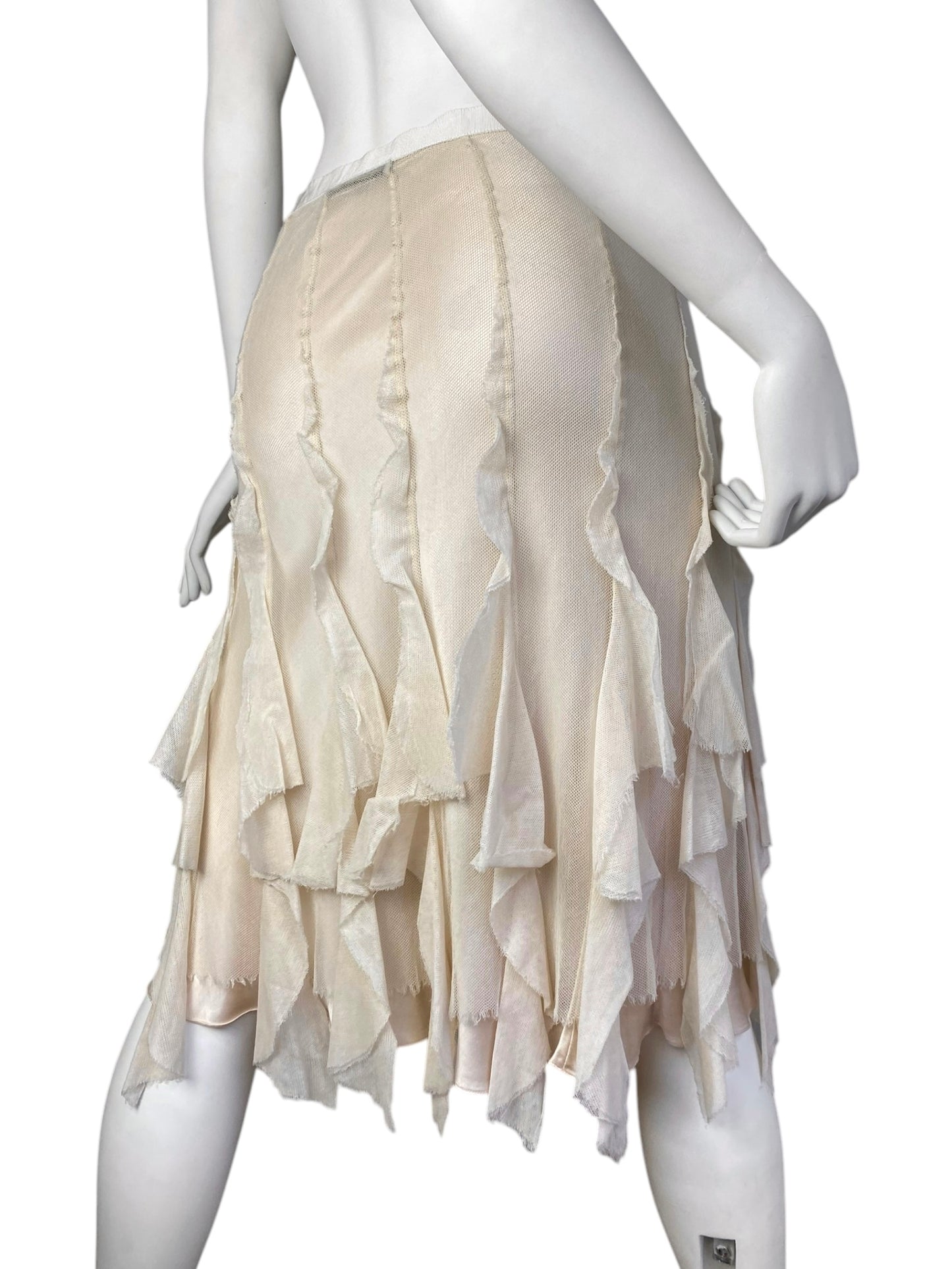 PLEIN SUD SS2000 BEIGE TULLE CASCADING RUFFLES MIDI SKIRT