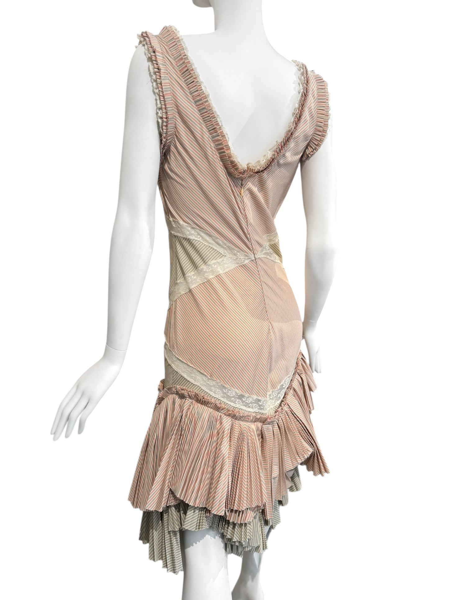 ALEXANDER MCQUEEN SS2005 «IT’S ONLY A GAME» PINK & GREEN STRIPED PLEATED MIDI DRESS