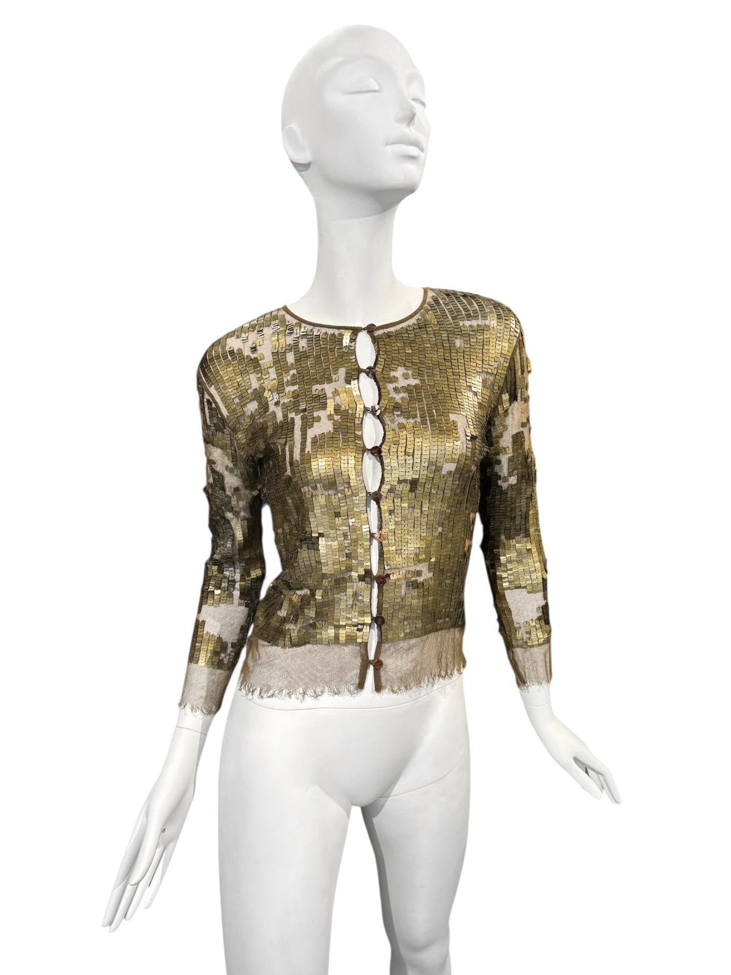 PLEIN SUD SS2001 KAKI TULLE SEQUINS EMBELLISHED CARDIGAN