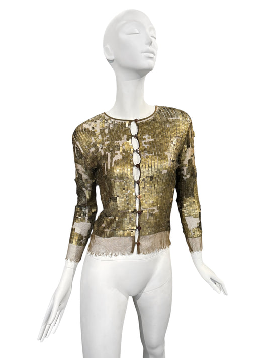 PLEIN SUD SS2001 KAKI TULLE SEQUINS EMBELLISHED CARDIGAN