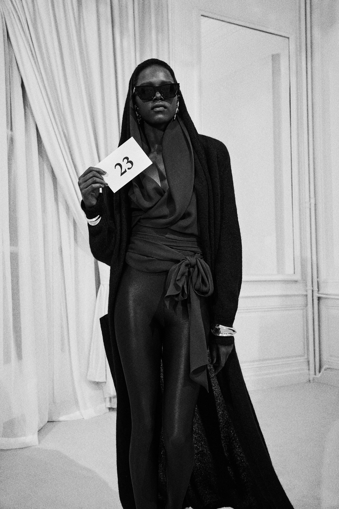 SAINT LAURENT PRE-FALL 2023 BY ANTHONY VACCARELLO BROWN SILK HOODED WRAP BLOUSE