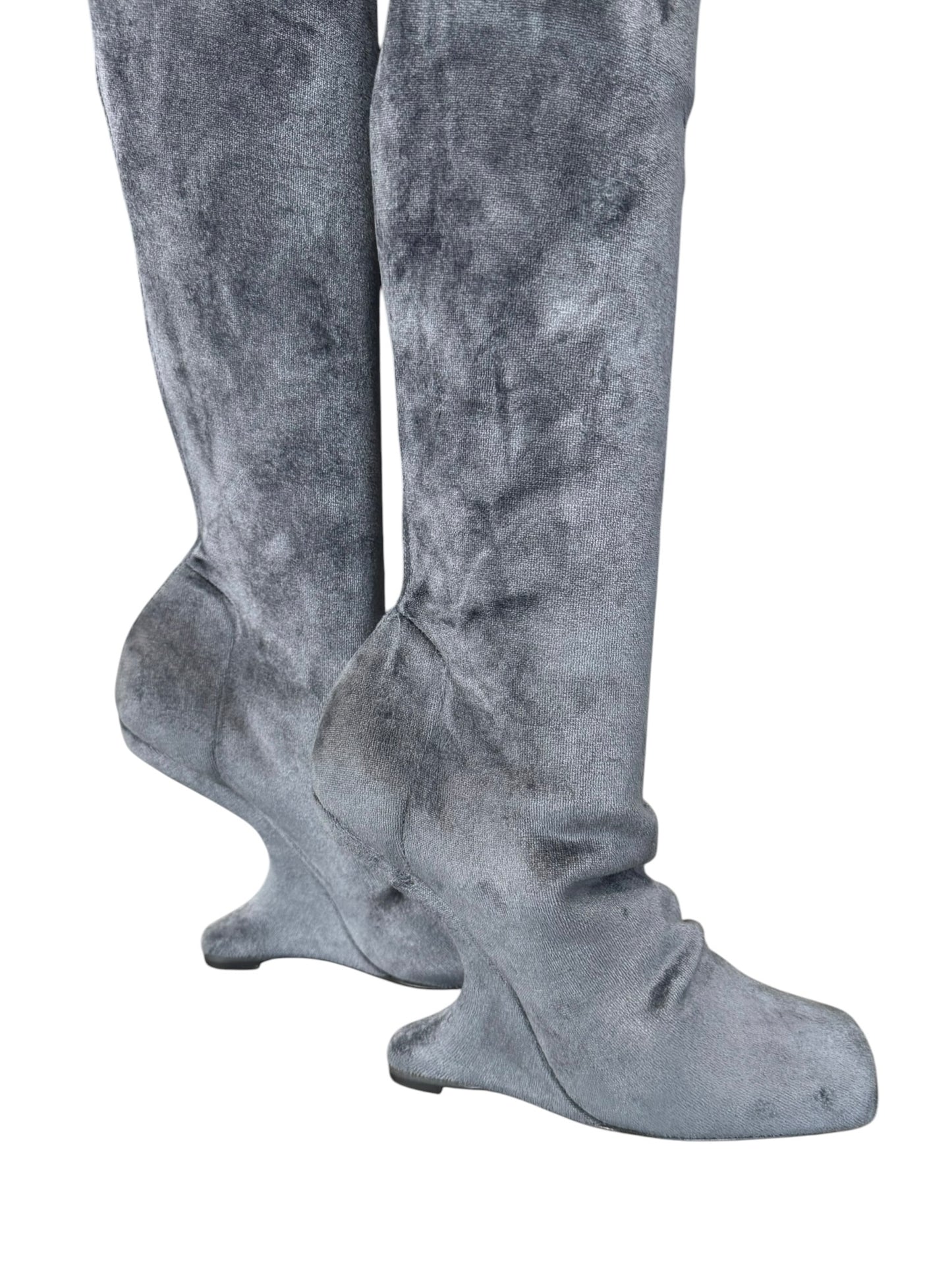 RICK OWENS 2020S GREY VELVET CANTILEVER THIGH-HIGH BOOTS