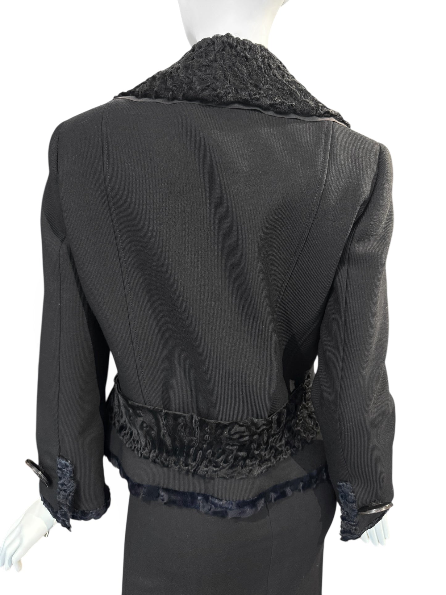 DOLCE & GABBANA FW2005 BLACK WOOL ASTRAKAN FUR TRIM BUTTONS SKIRT SUIT