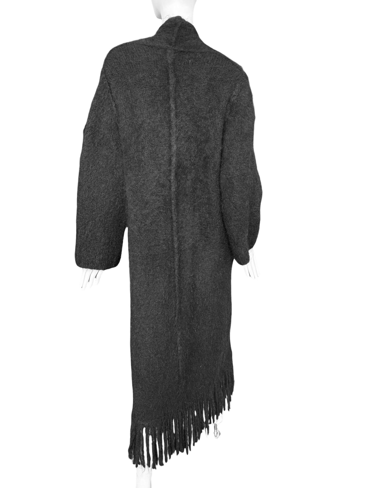 ISABEL BENENATO FW2020 BLACK WOOL & MOHAIR BLEND FRINGES MAXI COAT